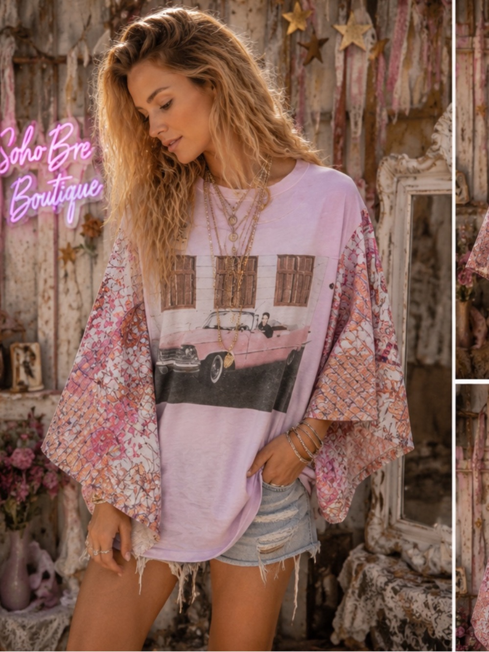 ELVIS -The King Boho Graphic Pink Tee with Floral KANTHA Kimono Sleeves